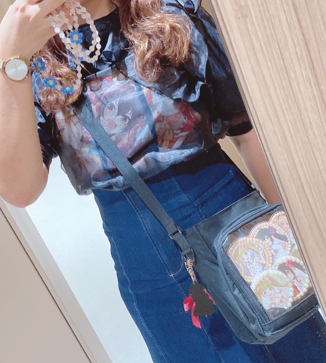 watch wristwatch 1girl solo shirt bag denim  illustration images