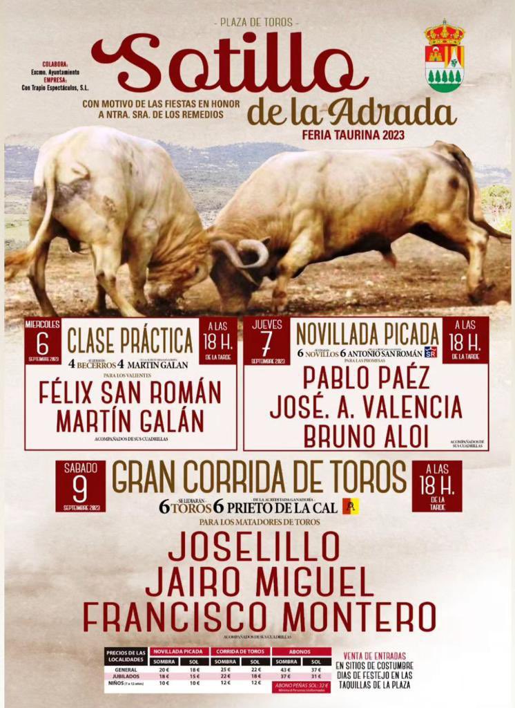 Hoy en Sotillo de la Adrada, Provincia de Ávila,<a href="/Joselillo_ofici/">Prensa Joselillo</a>, <a href="/JairoMiguel_/">Jairo Miguel</a> y <a href="/Monterotorero/">Francisco Montero</a>. Toros 🐂 de Prieto de la Cal.