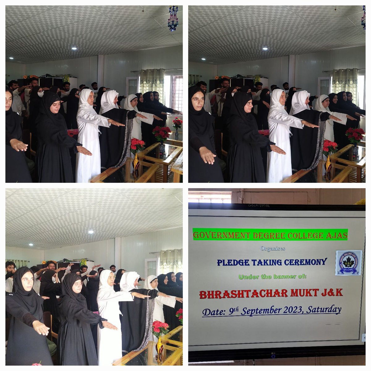 gdcajas's tweet photo. @dicbandipora @dcbandipora @Hr_Educationjk  On September 9th, 2023, @gdcajas organized a Pledge Taking Ceremony as part of the "Brastachar Mukt JK" initiative, aimed at eradicating corruption in Jammu and Kashmir. 
#Bhrashtachar_Mukt_JK
#Digital_JK
#Corruption_free_Services https://t.co/vd3wOyDPAB