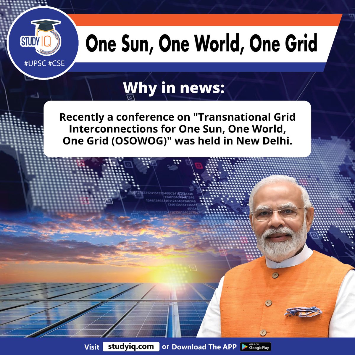 upsciq's tweet image. One Sun, One World, One Grid

#onesunoneworldonegrid #whyinnews #osowog #newdelhi #primeministerofindia #pmmodi #internationalsolaralliance #isa #pmofindia #worldleaderssummit #climatechange #solarprojects #cleanenergy #upsc #cse #ips #ias