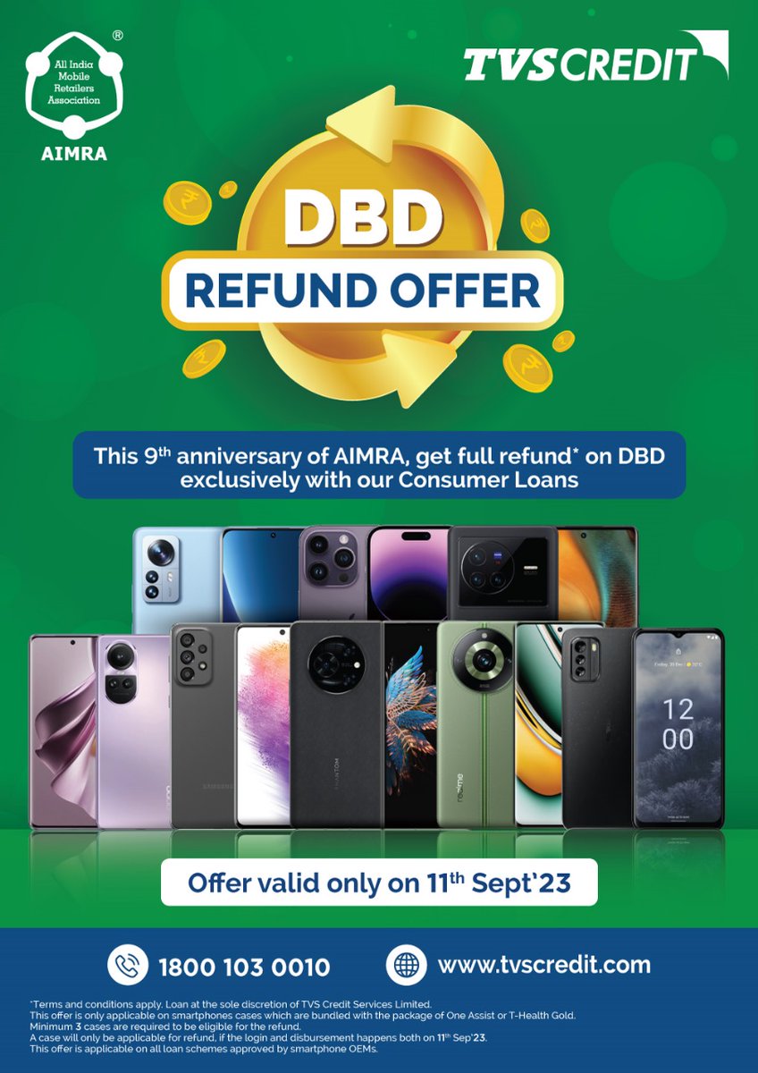AimraIndia's tweet image. 👌😮 वाह! क्या एक शानदार उपहार है @TVSCredit का AIMRA के 9वें वार्षिकोत्सव का जश्न मनाने के लिए!

1️⃣ दिन DBD मुफ्त दे रहे हैं! 🥳

लाभों के साथ जश्न मनाने का एक शानदार अवसर। इस अद्वितीय सौदे को न छोड़ें! ख़ास दिन पर टीवीएस क्रेडिट के साथ शानदारी से जश्न मनाएं और अपनी लाभों को…