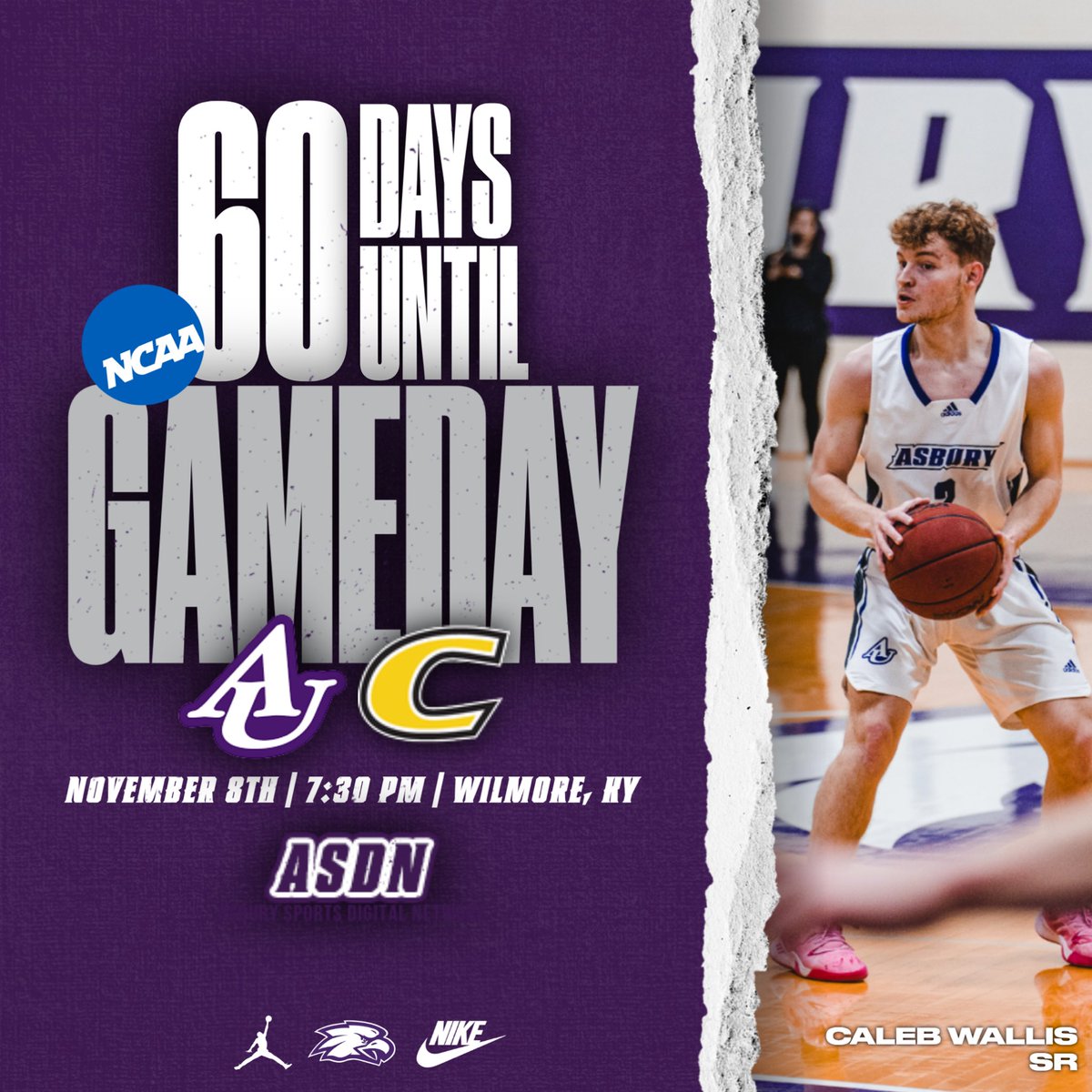 AsburyHoops's tweet photo. WE’RE 6️⃣0️⃣ DAYS AWAY FROM OUR FIRST GAME OF THE SEASON ‼️

But who’s counting 🤷‍♂️

✍️ your 🗓️

Asbury 🟣 vs 🟡 Centre at the LUCE 

November 8th @ 7:30 ⏰

@AsburyHoops home games are streamed on ASDN (Asbury Sports Digital Network) 📺

🦅🏀 https://t.co/3JnC7ibSvY