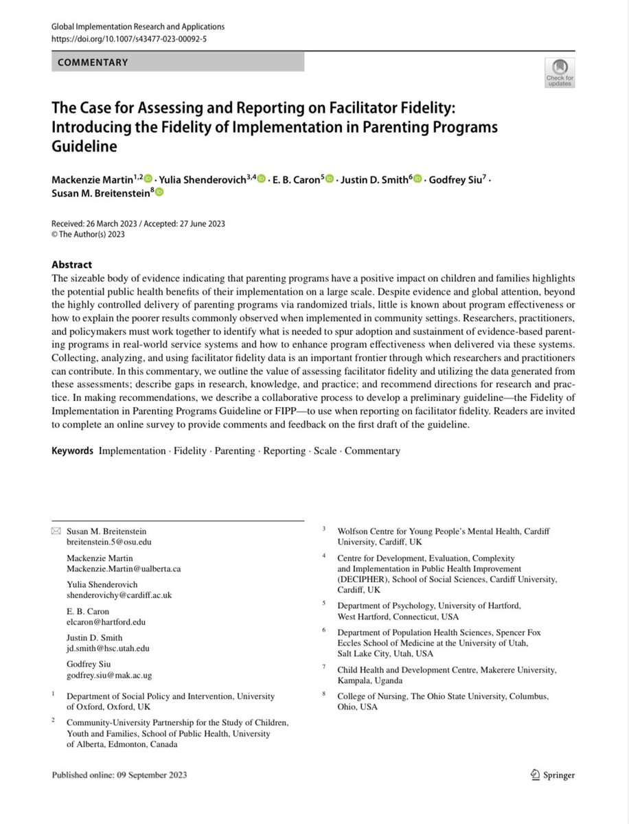 New commentary in Global Implementation Research &amp; Applications on the fidelity of parenting program delivery. The paper describes the development of a guideline, the FIPP, to assess and report facilitator delivery. Provide feedback on the guideline here: osu.az1.qualtrics.com/jfe/form/SV_29…