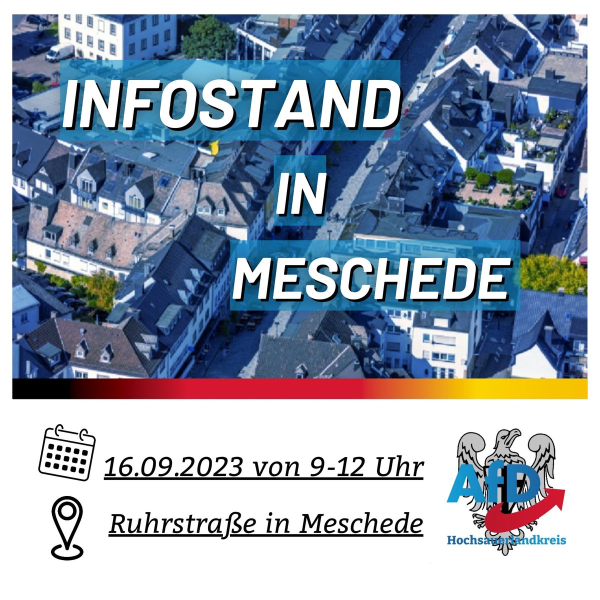 AfD_HSK's tweet photo. Nächsten Samstag geht es für unsere AfD im Hochsauerlandkreis in die Kreisstadt. 
Kommen auch Sie gerne in die Fußgängerzone vorbei. 
💙🇩🇪

#afd #hochsauerland #hsk #sauerland #infostand #einzigealternative #neuwahlen #remigration #meschede #unserlandzuerst #unservolkzuerst https://t.co/HaMV9YIiWE