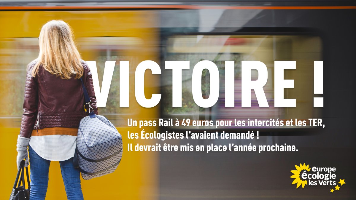 Victoire écolo en vue ! 🌻

Un pass Rail à 49 euros pour les intercités et les TER,
les Écologistes l’avaient demandé ! 

Il devrait être mis en place l’année prochaine.

cc <a href="/KarimaDelli/">Karima Delli</a> 👏