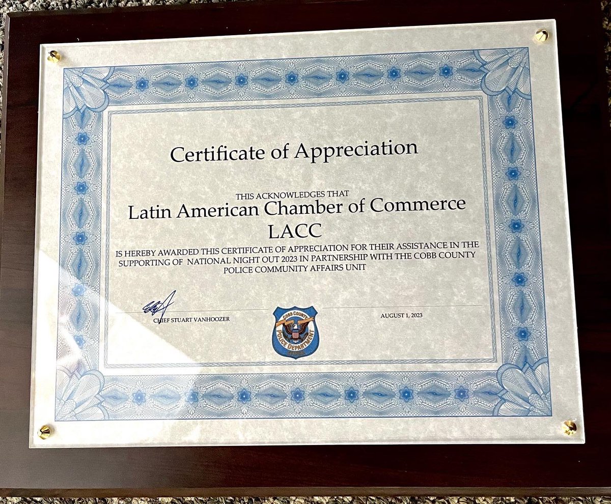 LACCGeorgia's tweet photo. Thank you to Officer W. Nerio from the Cobb County Police Department for a  visit to present to the LACC a Certificate of appreciation for the assistance and support in the National Night Out 2023 the Cobb County Police community affairs unit. https://t.co/tj8bC54bA9
