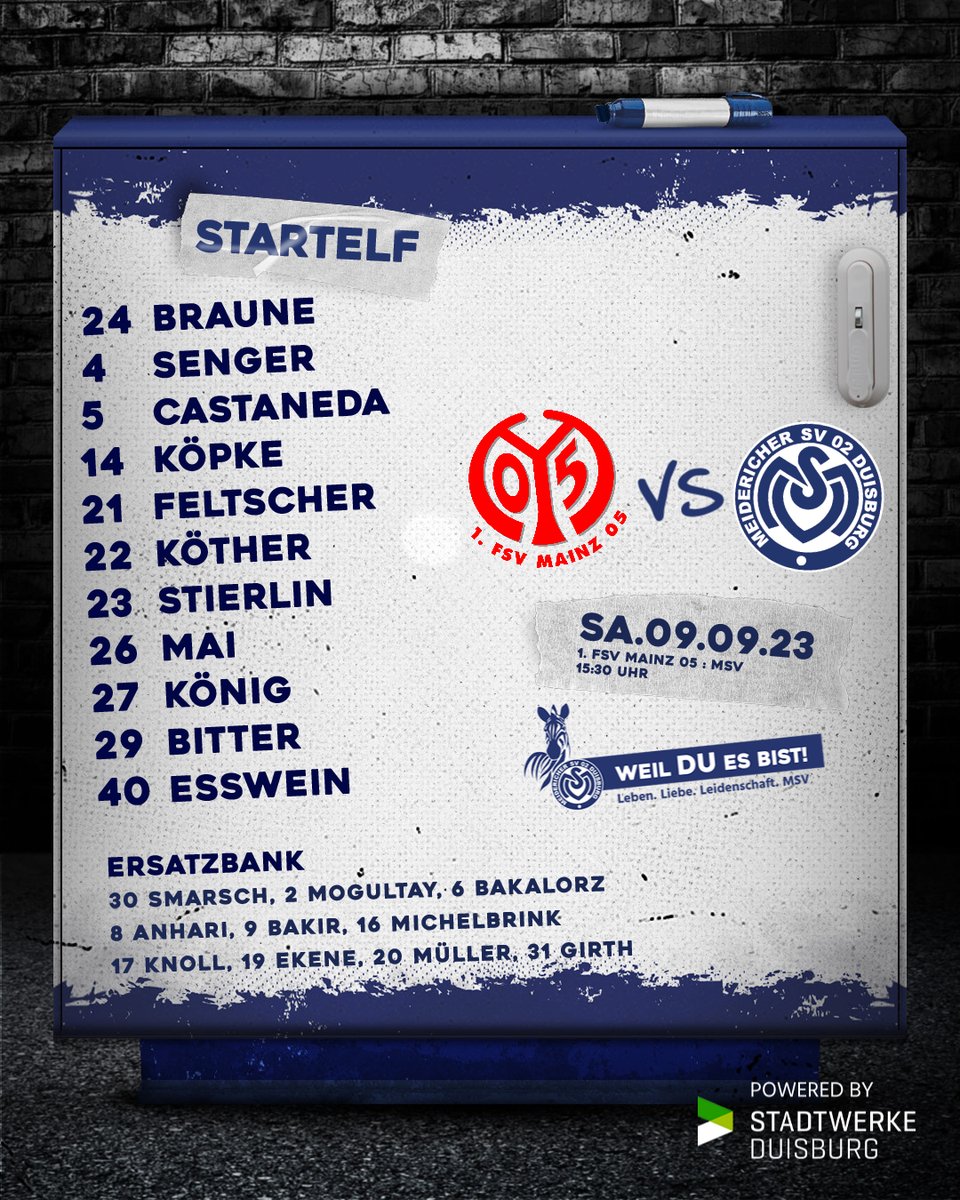 MSVDuisburg's tweet photo. ■■■■ UNSERE AUFSTELLUNG ■■■■
Mit diesen Meidericher Jungs geht's gleich in den Vergleich mit Mainz 05! Vincent #Müller & Tobi #Flecktein (jeweils krank) und Kolja #Pusch (Leiste) sind in Duisburg geblieben. ℹ️
#WeilDUesBist #M05MSV #Duisburg https://t.co/sbiIrM8FXo