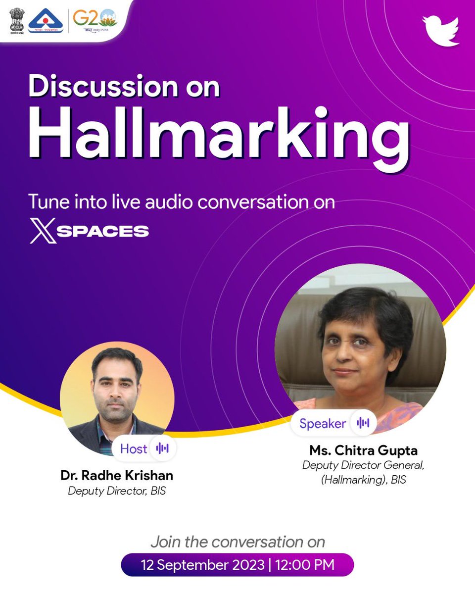IndianStandards's tweet image. Mark your calendars for 12th September 2023!
Join us for an in-depth discussion on hallmarking.

#Hallmarking #Twitter #TwitterSpace #TwitterSpaces #G20India2023 #BIScareAPP #BIS #Discussion #Gold #Hallmarkies #Jewellery #Jeweller