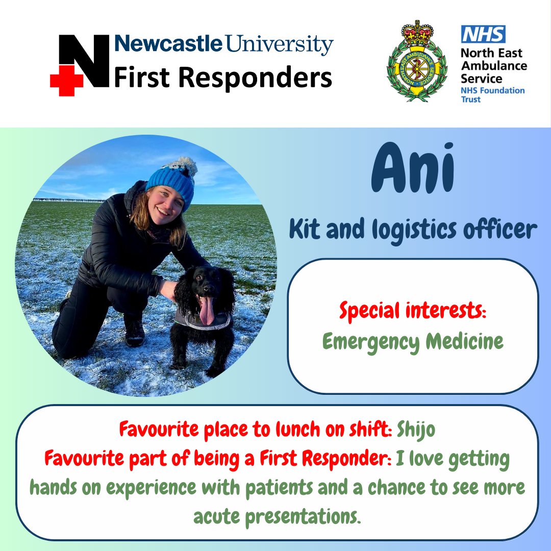 🚑 Meet the committee: 23/24 🚑

We’re almost done meeting our committee… In charge of kit and logistics, it’s Ani! 💉

#nufr #neas #northeastambulanceservice #newcastleuniversity #newcastleuni #newcastlemedicalschool #newcastleupontyne #communityfirstresponder #firstaid