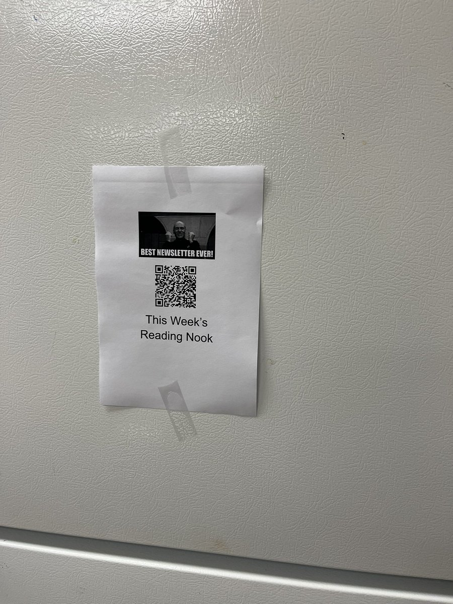 Friday’s in pictures. Door design by daughter, reading materials check out system, mentor text corner and my shameless plug for our staff news letter on the refrigerator.