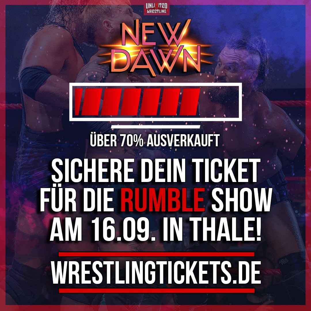 Du willst bei Unlimited #Wrestling: #NewDawn am 16.9.23 live dabei sein? Dann aber schnell! Wir sind bereits zu über 70% ausverkauft!

🎟️wrestlingtickets.de