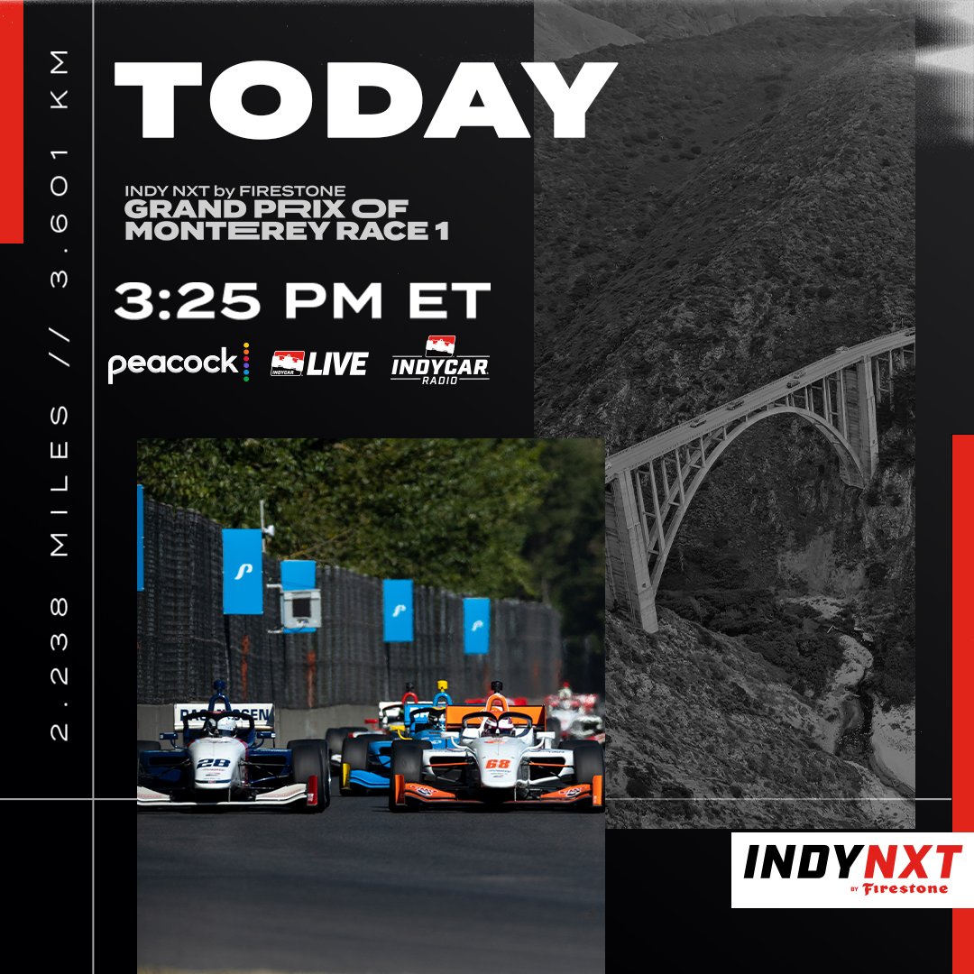 #INDYNXT race day in Monterey! Tune in to Race 1 of the #FirestoneGP today at 3:25 PM ET. @WeatherTechRcwy // @IndyCaronNBC