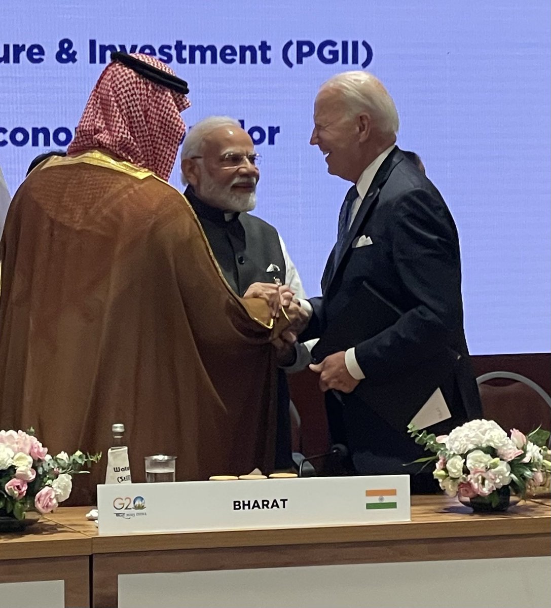 asmamk's tweet photo. President Biden joined India’s Narendra Modi and Saudi’s MBS at an event here in India to announce a new rail and shipping corridor to connect India, the Middle East, and Europe. 

Biden described it as a “game changing” investment.

📸 thanks to @cmsub https://t.co/y0q7GUdJoD