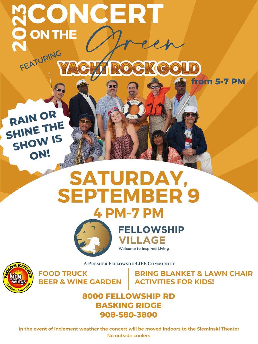 TODAY from 4-7PM! Join us for our Concert on the Green. Rain or shine, the show is on! See you soon! #baskingridgenj #concertonthegreen #somersetcountynj #yachtrockgold