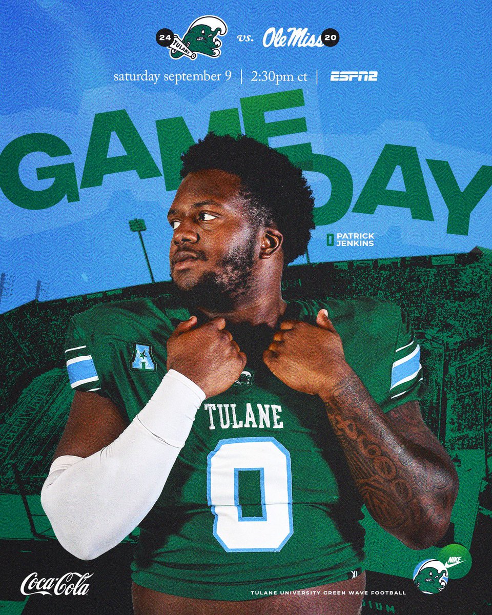 Can you feel it? It’s Game Day! 🌊 🆚: Ole Miss ⏰: 2:30 PM 📍: Yulman Stadium 📺: ESPN2 📻: 104.1 FM & @TulaneAthletics App 🎟: SOLD OUT #RollWave | #NOLABuilt