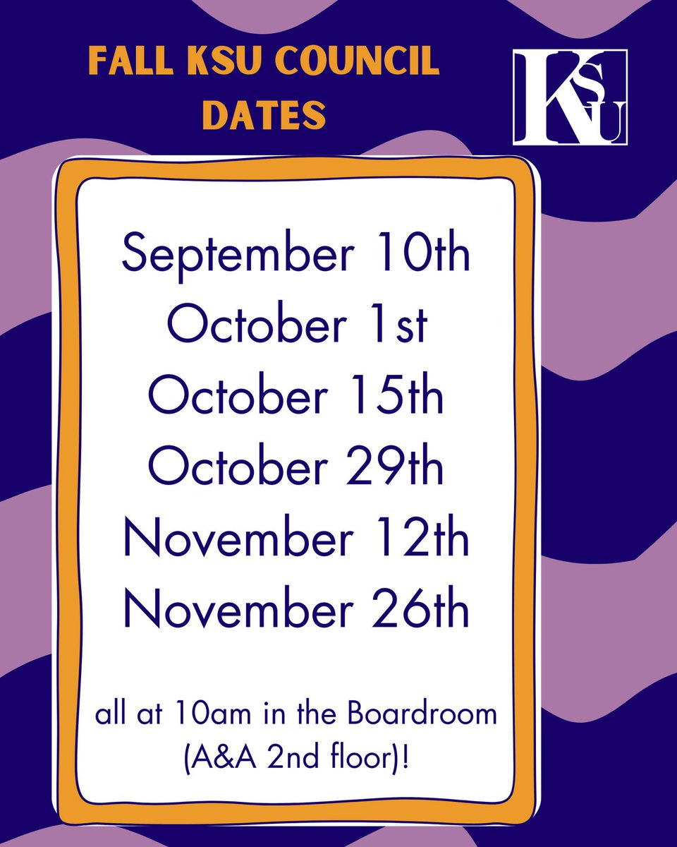 Here are the Council dates for the 2023-2024 fall term!

KSU Council resumes this Sunday (tomorrow) at 10am in the Boardroom. Documents for this week's meeting are posted in our Linktree, and any and all students are welcome!