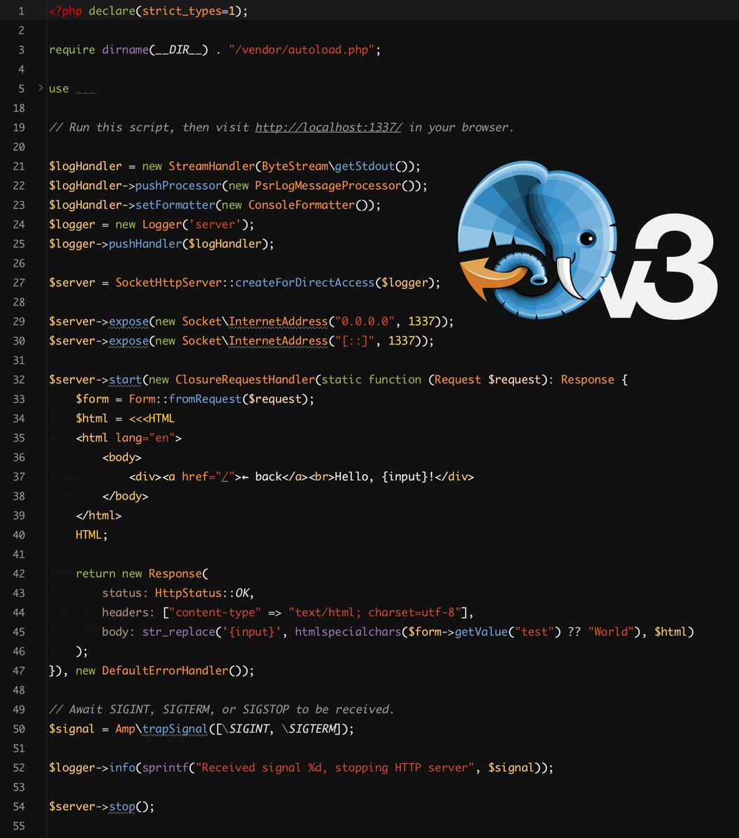 Continuing our series of accessory libraries compatible with amphp/http-server v3 and AMPHP v3, we've tagged v2 of amphp/http-server-form-parser. 🎉

This helper library provides a utility to parse url-encoded form requests or stream large files from multipart/form-data requests.
