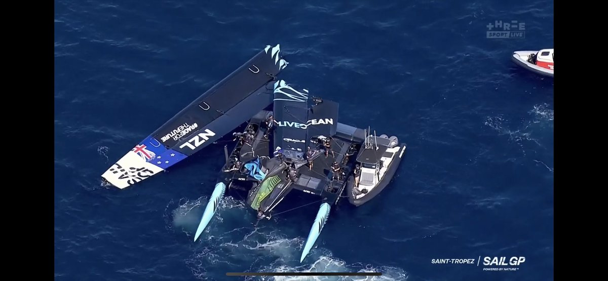 Absolute carnage on board the <a href="/SailGPNZL/">New Zealand SailGP Team</a> yacht. Looks like a gust of wind caught them and snapped the wing in half. Everyone accounted for and ok. This was after race 3 had finished. <a href="/SailGP/">SailGP</a>