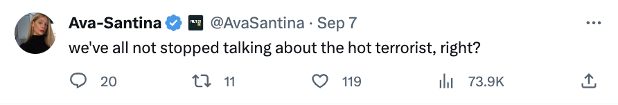 Rebartic's tweet image. Looks like ex-LBC denizen, Ada, has been fantasising about being shagged by a terrorist.

Odd woman.

#OADA