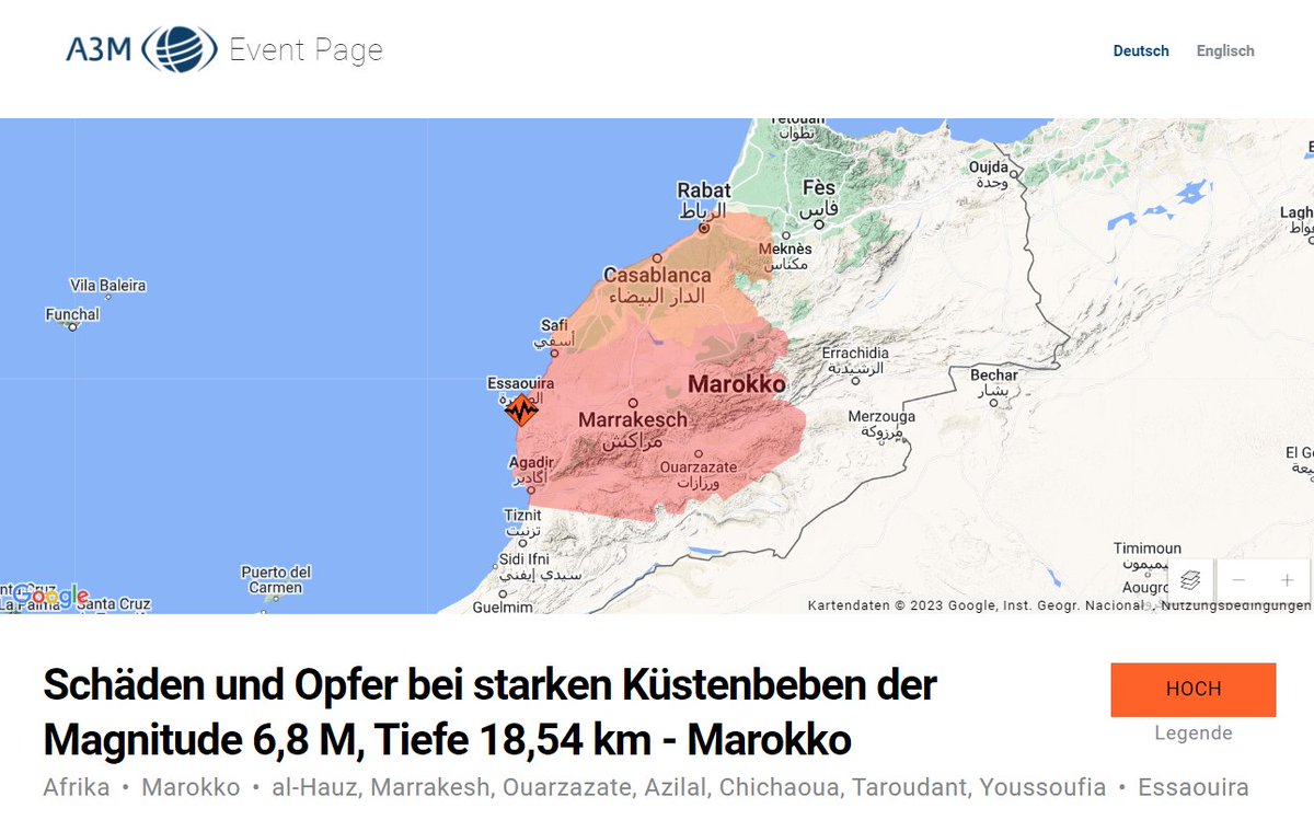 Schweres #Erdbeben  in #Marokko führt zu hunderten Toten und enormen Schäden in der Infrastruktur. Weitere Informationen zur Lage vor Ort können der A3M Global Monitoring Eventpage entnommen werden -&gt; global-monitoring.com/gm/page/events…