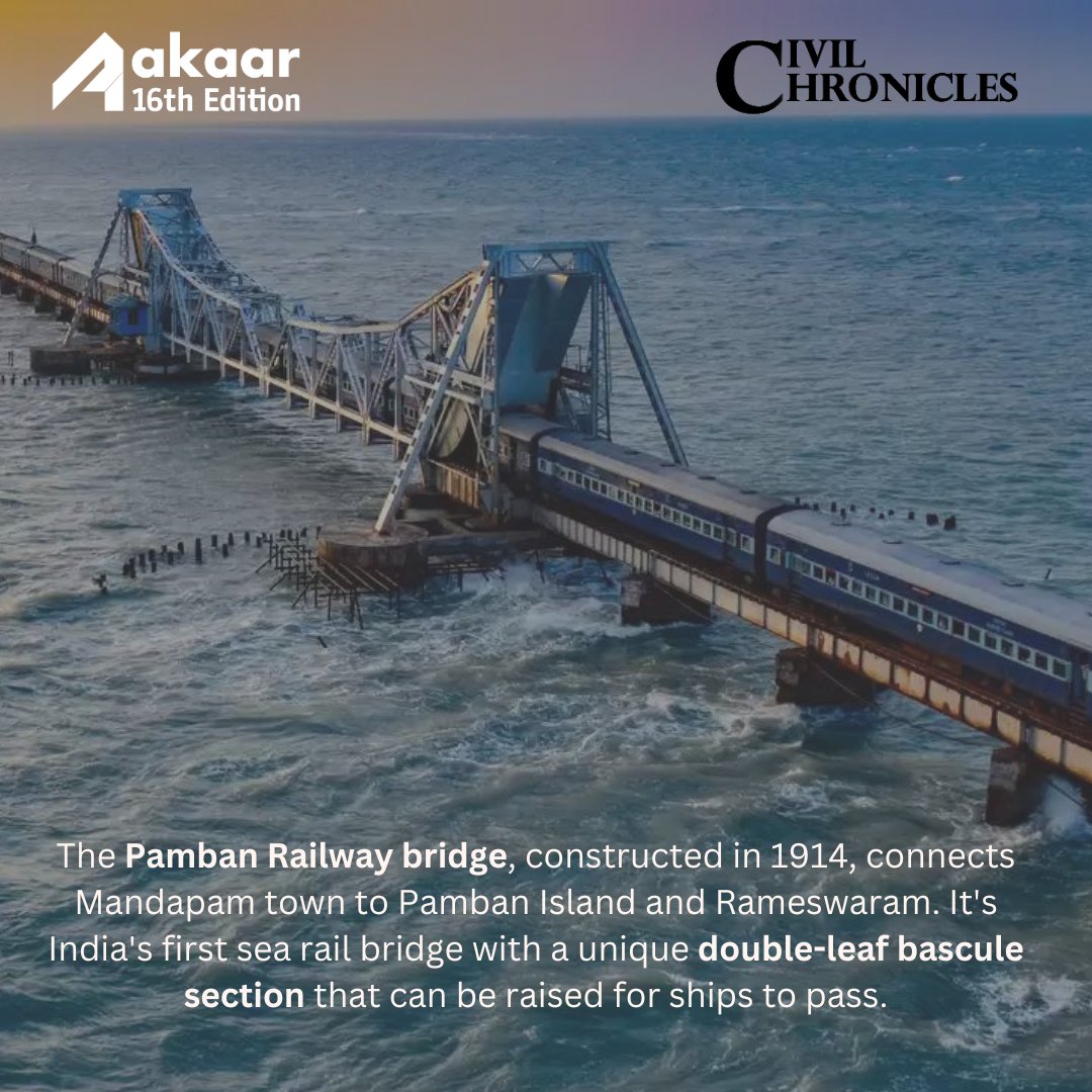 aakaariitb's tweet photo. Welcome back to the second episode of our ongoing series, "Civil Chronicles", where we explore remarkable civil engineering projects. In this episode, we'll shine a spotlight on the Pamban Railway Bridge.
Stay tuned for a world of knowledge and inspiration!

#aakaar #iitbombay https://t.co/8BDrksjQfz
