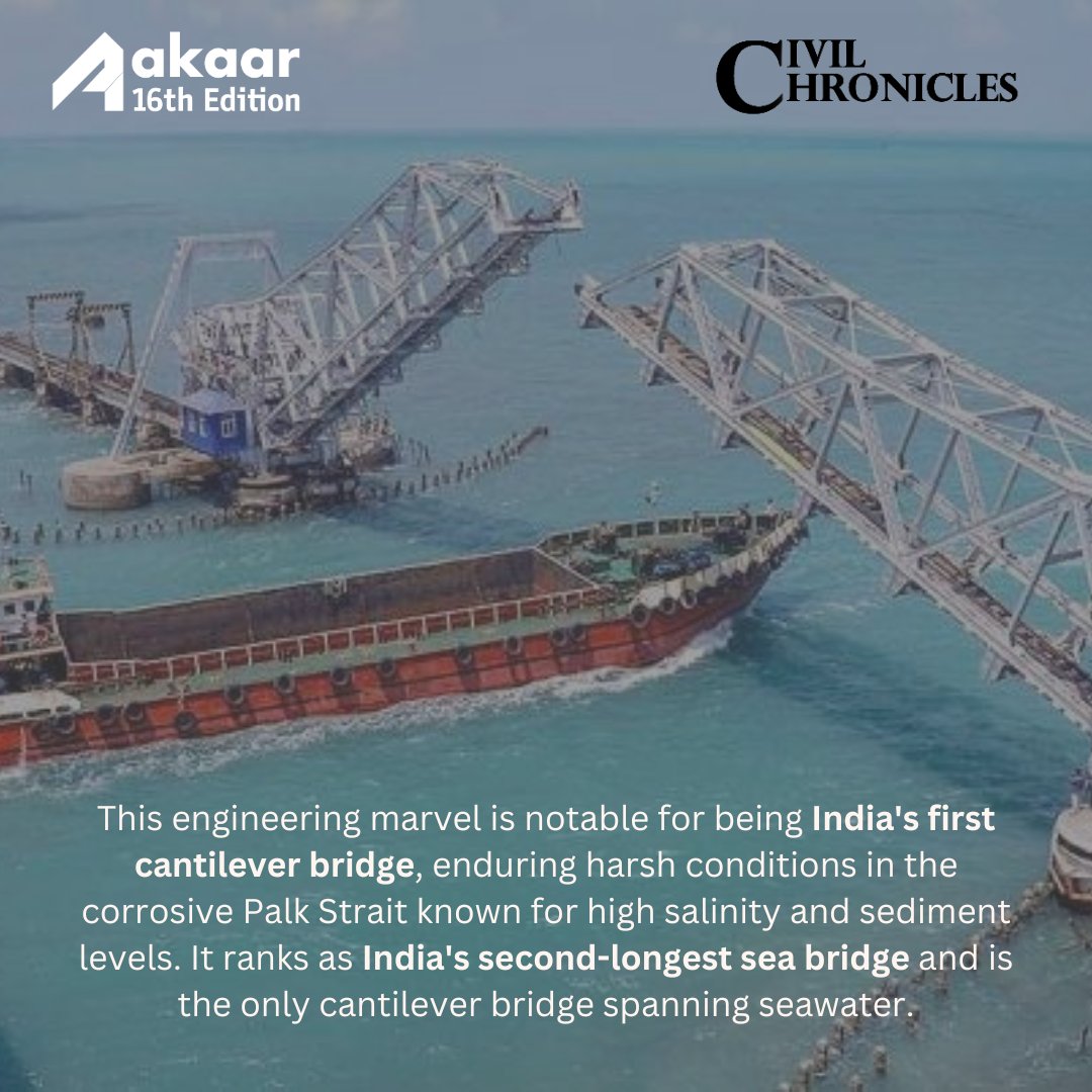 aakaariitb's tweet photo. Welcome back to the second episode of our ongoing series, "Civil Chronicles", where we explore remarkable civil engineering projects. In this episode, we'll shine a spotlight on the Pamban Railway Bridge.
Stay tuned for a world of knowledge and inspiration!

#aakaar #iitbombay https://t.co/8BDrksjQfz