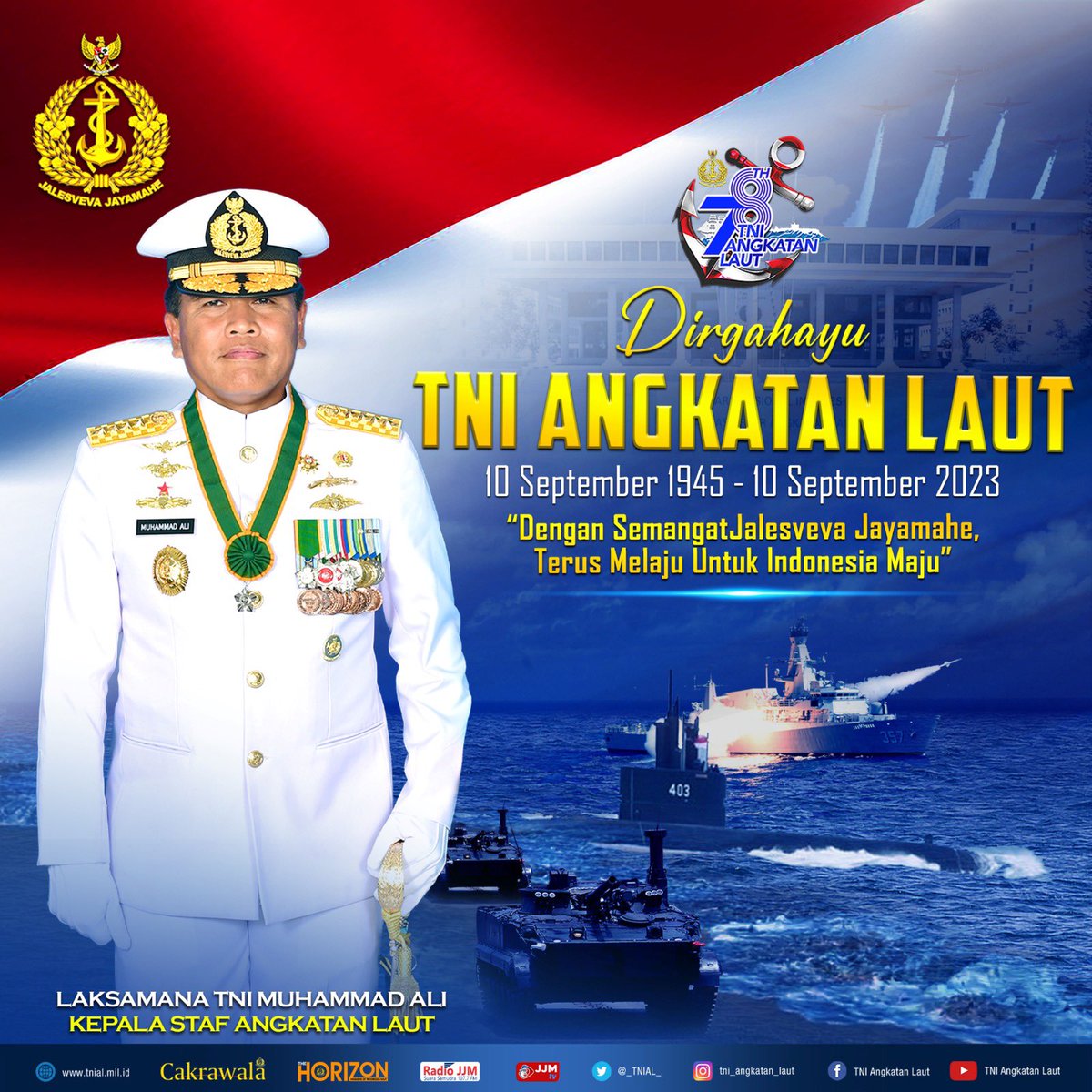 _TNIAL_'s tweet image. DIRGAHAYU TNI ANGKATAN LAUT
 
10 September 1945 - 10 September 2023

&quot;Dengan semangat Jalesveva Jayamahe, terus melaju untuk Indonesia Maju&quot;

#jalesvevajayamahe #tnial #indonesiannavy #muhammadali #laksamanamuhammadali #dirgahayutniangkatanlaut #huttnial