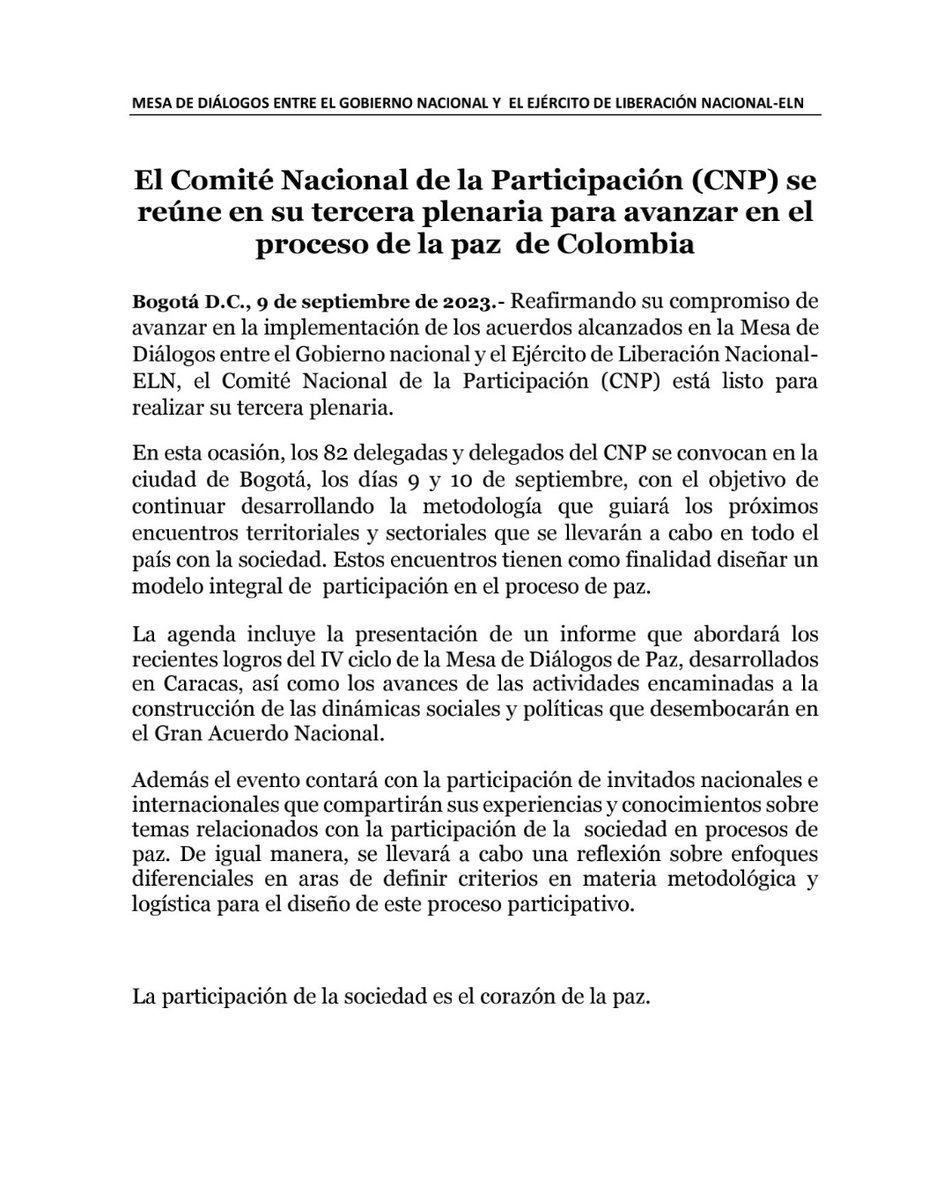 El Comité Nacional de la Participación (CNP) se reúne en su tercera plenaria en Bogotá, para avanzar en el proceso de paz  entre el Gobierno de Colombia y el Ejército de Liberación Nacional-ELN #PazConParticipación