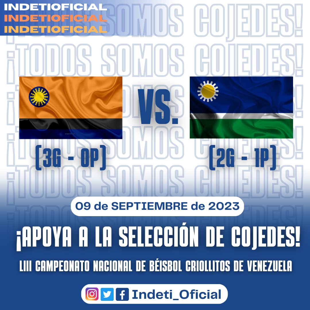 La cita es este sábado 9 de septiembre en el Estadio José Francisco Rodríguez. La selección regional de Cojedes expone su invicto ante el combinado de Portuguesa. 

Hora estimada 1:30 P. M. 

¡Promovemos el deporte! 

#FernandoFeoElAlcaldeQueSiCumple 
#VamosVamosTinaquillo