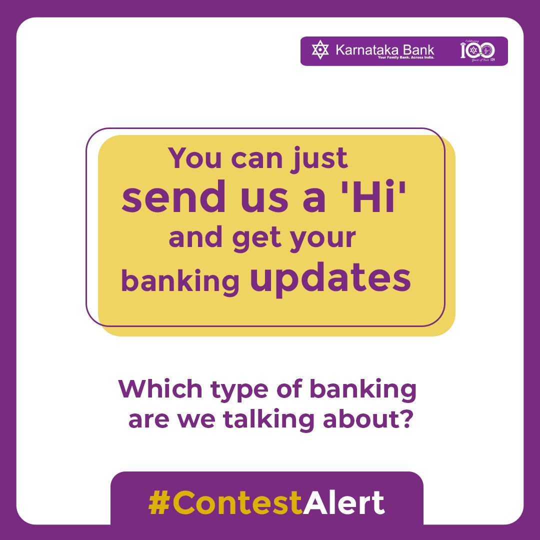 Comment your answers below!

#karnatakabank #comtestalert #contest #whatsappbanking #onlinebanking #digitalbanking #banking #easybanking