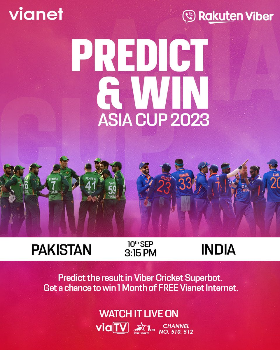 Vianetofficial's tweet photo. Bring out the #AsiaCup2023 Cricket Vibes. Participate in the prediction: https://t.co/KpLj1QiNQB

It's #Pakistan VS #India tomorrow at 3:15PM! Tune in to #viaTV Star Sports Network Channel no. 510, 512 and never miss a second of the thrilling match.

#Vianet #Viber https://t.co/Sw2EKIzJHS