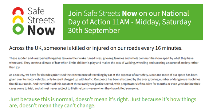 @RoadsXR @EricEatsPickles @fietsprofessor @GretaThunberg @BylineTimes @mrjamesob @theJeremyVine @allpartycycling @jonsnowC4 @CarolineLucas @johnjamesmunro @livingstreets @playingout People everywhere want change: specifically action on dangerous driving. If you are among them, why not join us at the national day of action on 30 September?

#SafeStreetsNow #EnoughIsEnough

safestreetsnow.co.uk/#EnoughisEnough