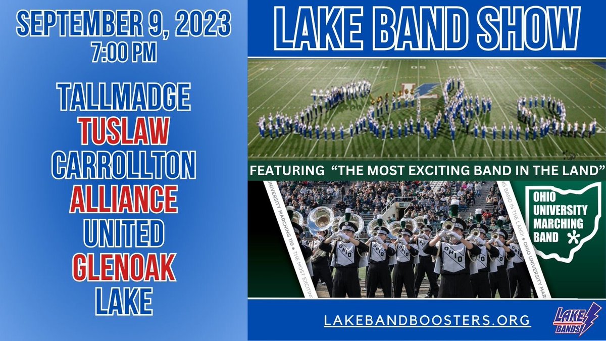 Today is the day!  Tickets are still available!  lakebandboosters.org/Home/BandShow. We hope to see you there!!
<a href="/LakeLocalSD/">Lake Local Schools</a> <a href="/OHIO110Alumni/">Marching 110 Alumni Network</a> <a href="/OUAlumniCLE/">Cleveland Bobcats</a> <a href="/OHIOAlumni/">OHIO Alumni</a>