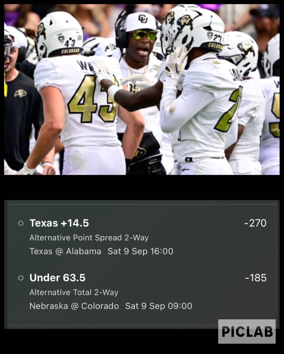 MLauzon96's tweet photo. TODAY’S NCAAF LOCK 2/2 🔒

Texas @ Alabama | Texas spread +14.5 | -270
Nebraska @ Colorado | Alt total under 63.5 | -185

BOOK IT 🔒 

#bets #ncaabets #freebets #ncaapicks #ncaabetting #parlay #sportsbetting #fyp #SGP #hitparlay #bet365 #money #fanduel #freepicks #ncaa #alabama https://t.co/c0ColcK5Z3
