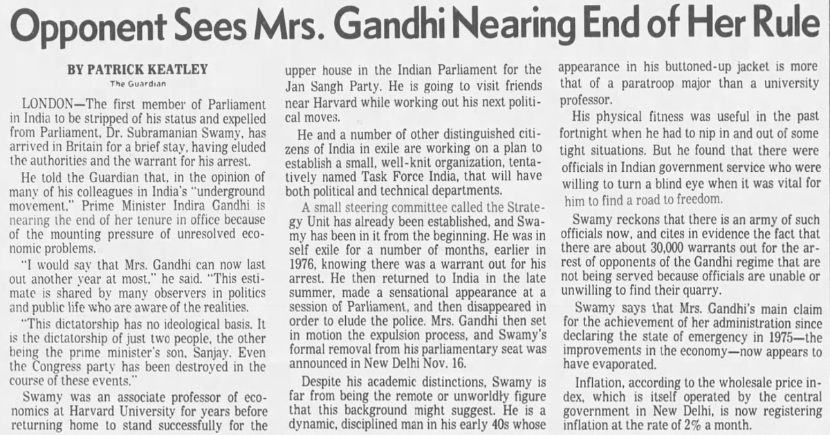 janataparty1977's tweet photo. 1976 : The Guardian report, Dr. Swamy sees Mrs. Gandhi nearing end of her rule.

"Dr. Swamy is a dynamic, disciplined man in his early 40s whose appearance in his buttoned-up jacket is more that of a paratroop major than a university professor."

@Swamy39 @IndiaHistorypic https://t.co/s6XmIDX7wU