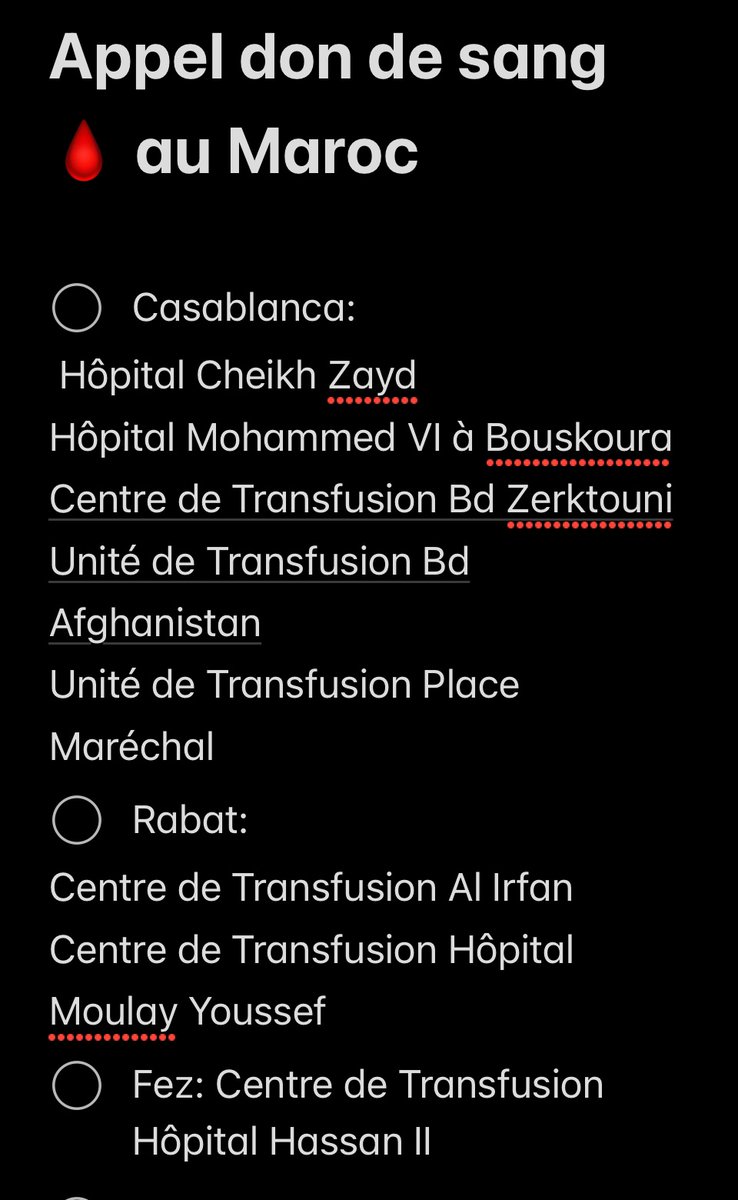 tabarro3_ma's tweet photo. 🚨collecte de don de sang au 🇲🇦 (version updated) 
si votre ville n’est pas sur la liste, veuillez appeler le crts de votre ville ou l’hôpital régional https://t.co/qxNVseXtlp