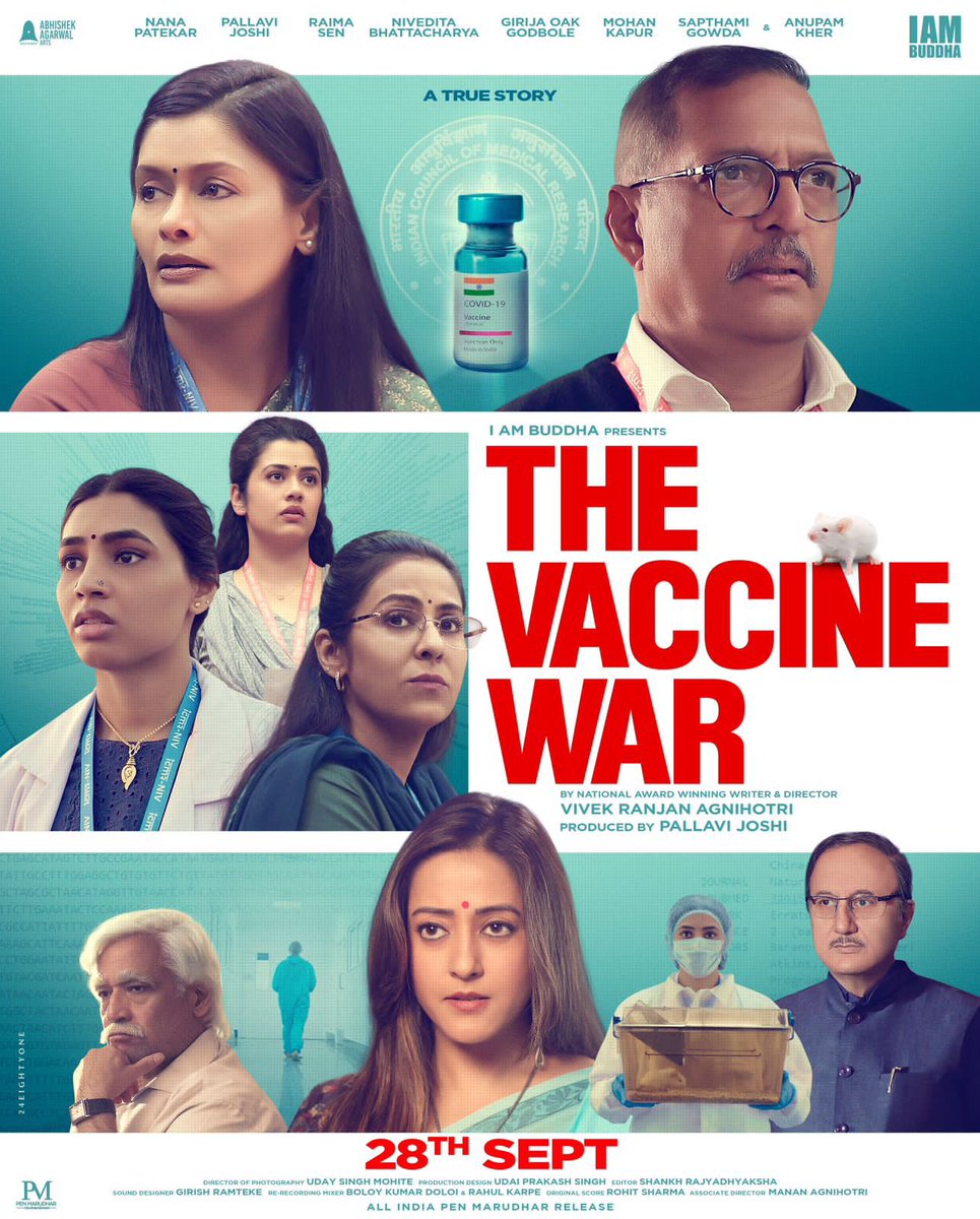 PPMoviez's tweet photo. After the #Blockbuster run of #TheKashmirFiles, #VivekRanjanAgnihotri’s next film - titled #TheVaccineWar - arrives in *cinemas* on 28 Sept 2023… Stars #NanaPatekar, #PallaviJoshi, #RaimaSen, #SapthamiGowda and #AnupamKher… Produced by #PallaviJoshi… #FirstLook poster…💥🔥 https://t.co/zHBicoIzbl