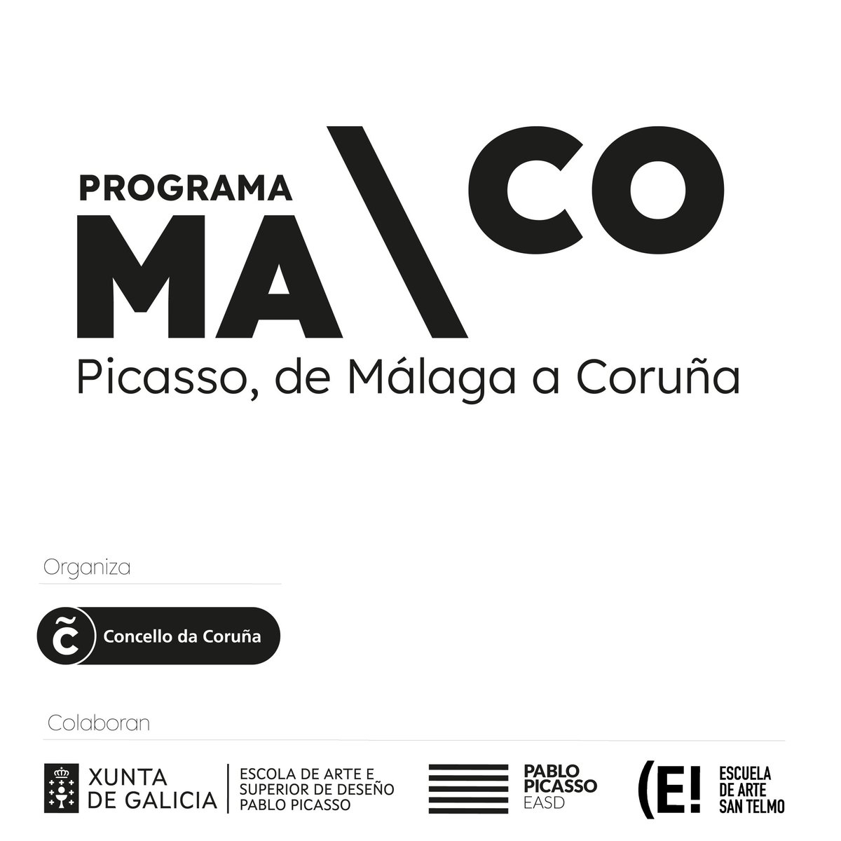O luns, 11 de setembro, ás 13:30h no Salón Actos (xusto despois da xornada de acollemento), faremos unha presentación para informar sobre o Programa MA\CO Picasso, de Málaga a Coruña. eapicasso.com/programa_ma-co/