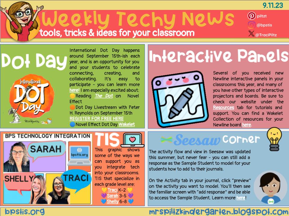 TraciPiltz's tweet photo. 📰Weekly Tech-y News📰
🟠🔵🟡Celebrate Dot Day w @Novel_Effect @MicrosoftFlip &amp; more!
📺Resources for interactive panels like @NewlineIDEAMAX boards
👩‍🏫@BPSTIS are here to help #BPSLearns teachers!
👧How to use Sample Student in updated @Seesaw 
➡️https://t.co/T2yF8XhCWm⬅️ https://t.co/b1csiM1n2j