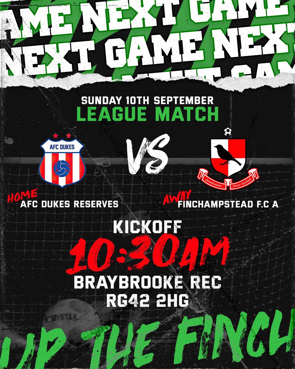 It’s Match Week!!!

We open up the season with a tough one against <a href="/AfcDukes/">AFC DUKES</a> ! The lads looking to get off to a fast start and open with a win and maybe a clean sheet!

#UPTHEFINCH 🟢⚫️