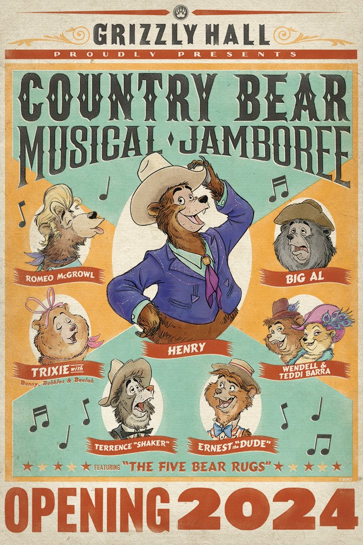 DisneyD23's tweet image. At @WaltDisneyWorld, the Country Bear Jamboree is getting new songs and the bears will be performing a new act in 2024! The bears will be reinterpreting favorite Disney songs in different genres of country music. #DestinationD23
