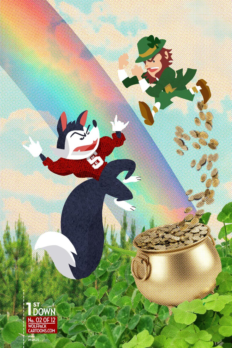 markmclawhorn's tweet photo. WE WANT THE GOLD! 🐺⚡️☘️ The @ncstate #Wolfpack play host to the @notredame #FightingIrish at Carter-Finley Stadium for the first home game of the season. It’s been a stormy Saturday morning thus far… can the Pack find that rainbow? #WolfpackCartoons 2023-24 Week 2! #wolfpack1st https://t.co/QpefngPdPt