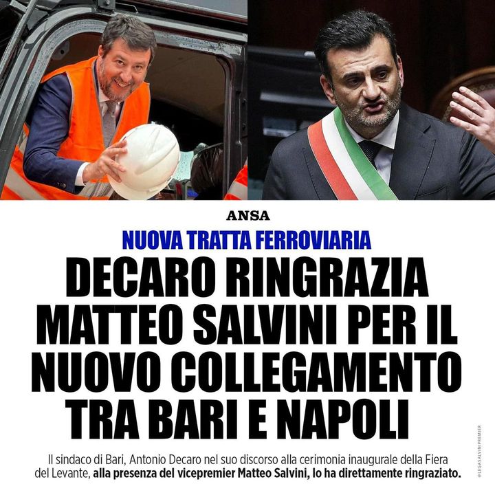 “Nel futuro tutti potremo salire su un treno veloce e raggiungere Napoli in meno di due ore, perché anche il sud ha il diritto ad un collegamento veloce, efficiente, pubblico, come succede nel resto d'Italia. Ringrazio Matteo Salvini per aver… facebook.com/50315025116667…