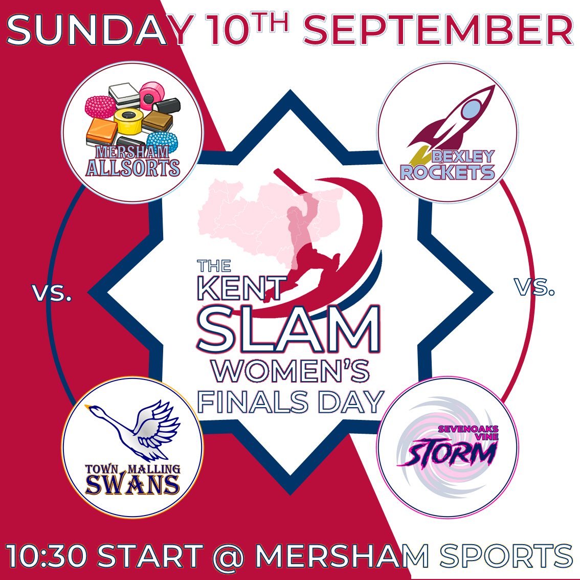 FINAL’S DAY The weather won’t scupper it this time! Tomorrow sees the first #KentSlam Women’s Finals take place at @Mershamsports The hosts’ AllSorts take on @TownMallingCC Swans whilst @BexleyCC Rockets face @SVCC1734 Storm, with the winners facing off at 16:00 All welcome