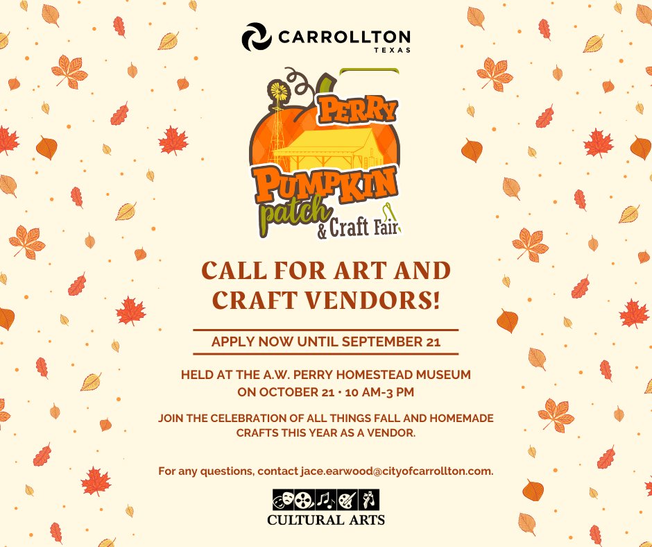 Calling all creative makers, farmers and entrepreneurs! 🗣 Perry Pumpkin Patch & Craft Fair is now accepting applications, so don't miss out on this chance! 🎃 🎨 Apply now for fun times and festive finds! #cityofcarrollton #artandcraftfair #festival #fall form.jotform.com/231924979683171
