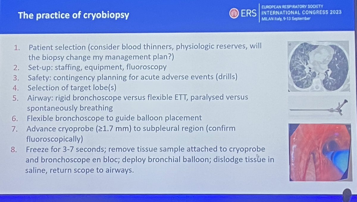 Role of cryobiopsy by Lauren Troy 🇦🇺
Key points 🧵 :
•📌 Always consider 🤔 the indication (and risks⚠️)
•⚖️ : surgical lung biopsy ?
•Patient's interest ✅ in early diagnosis for treatment initiation 💊
•Trained operator 💪'

#ERS2023 #ERSCongress #cryobiopsy #ILD