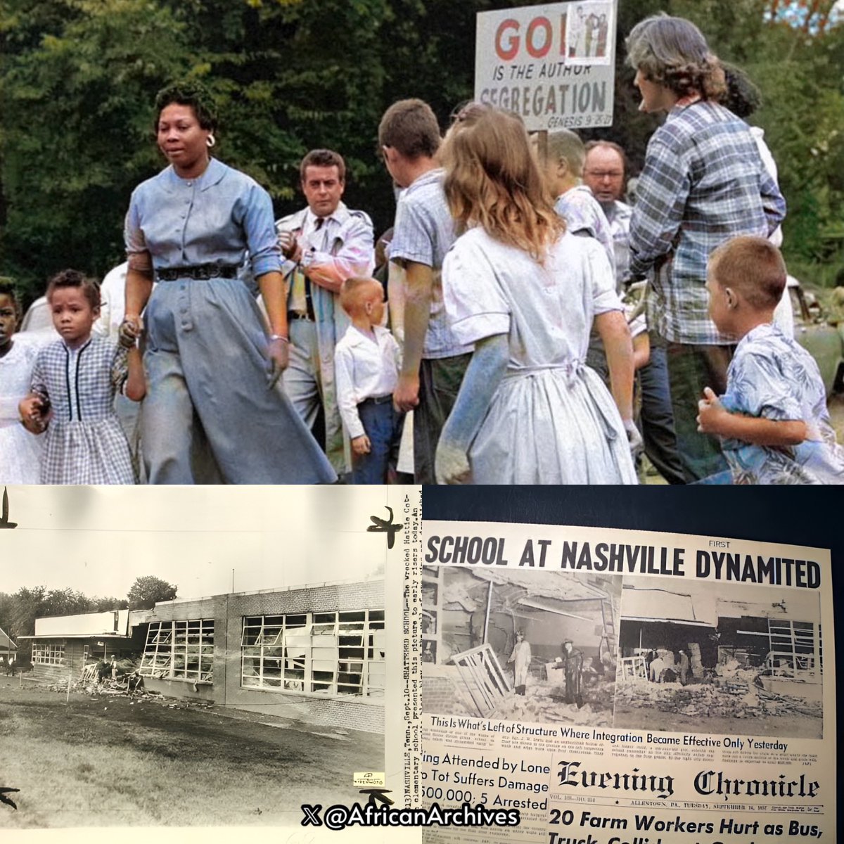 AfricanArchives's tweet image. On this day in 1957, Nashville's all-white Hattie Cotton Elementary School was destroyed by dynamite blast when black kids integrated the school.

—On September 9, 1957, as 19 Black six-year-olds integrated all-white elementary schools in Nashville, Tennessee, white church…