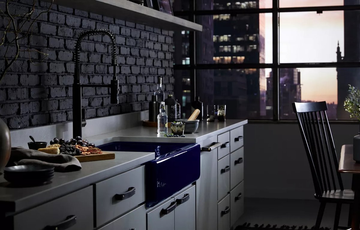 KohlerDenver's tweet photo. For a dark and sophisticated kitchen, we recommend using a Purist faucet for scale and an enameled cast iron sink in Indigo Blue for drama. For help finding the right products and turning your ideas into action, book an appointment with our Design Experts: https://t.co/shARpOqbOn https://t.co/KHTSD0MW7k