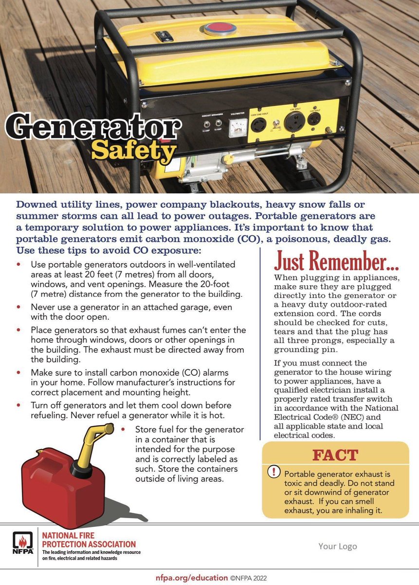 Now is the time to test your Generators, gather fuel and other supplies for potential power outages! Don't wait until the last minute!
Also follow these Generator Safety guidelines

NFPA Tips:
nfpa.org/.../safety-tip…