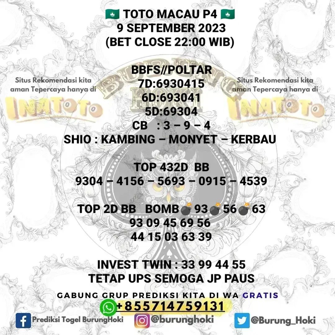 Burung_Hoki's tweet photo. Prediksi BurungHoki untuk (TOTOMACAU P4 09/09/2023)
Jadikan perbandingan Tetap Utamakan Prediksi Sendiri.
Join Group dan situs terpercaya? silakan cek profile saja

#togelindonesia #prediksitogel #bocorantogel #togelovers #totomacaupools #totomacau #prediksimacau #togelhongkong https://t.co/3xpoC5Mn2A